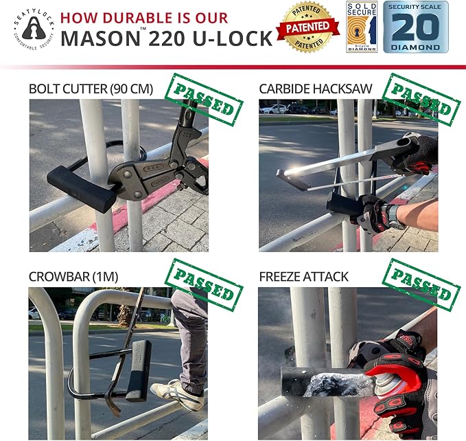 Seatylock Mason Bike U Lock - Patented Heavy Duty Anti Theft Diamond Secure ULock - Ultra Security Bicycle Safety Tool with Keys for City Electric or Mountain Bikes and Scooters