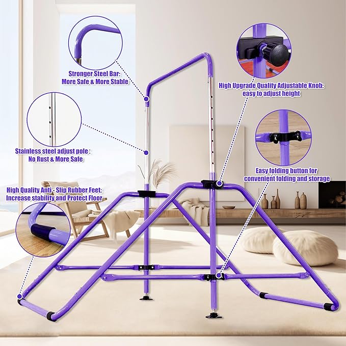 MARFULA Foldable Gymnastic Bar for Kids Ages 3-9, 9 Height Levels, 200 lbs Weight Capacity, 5 Ft Length Gymnastic Kip Bar with Mat, Gymnastic Equipment for Home and Gym Center Indoor Outdoor Use