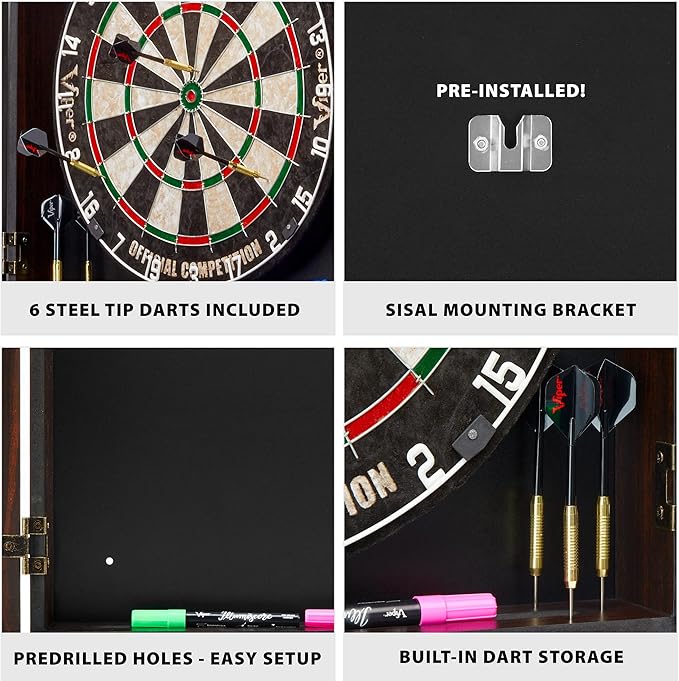 Viper by GLD Products Vault Deluxe Dartboard Cabinet with Shot King Sisal Dartboard and Illumiscore Scoreboard, Wood