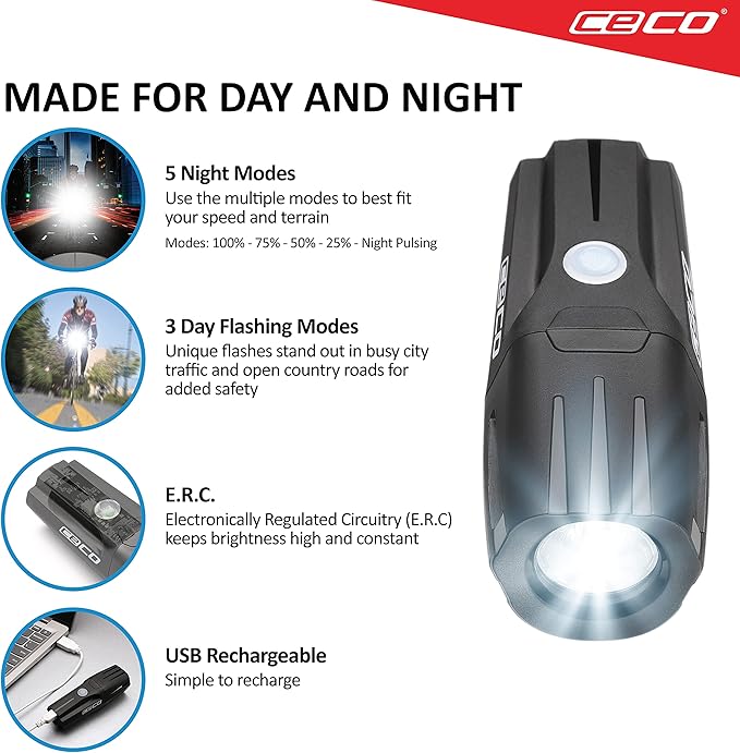 CECO-USA: 1,200 Lumen USB Rechargeable Bike Light – Tough & Durable IP67 Waterproof & FL-1 Impact Resistant– Super Bright Model F1200 Bicycle Headlight – For Commuters, Road Cyclists & Mountain Bikers
