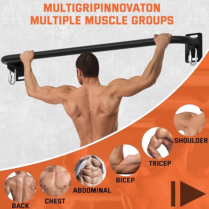 36" Heavy Duty Pull Up Bar Wall/Joist Mounted, 600 LB Capacity, Multi-Grip Bar for Garage & basement rafter Use - All-in-One Workout Station with Carabiners & Space-Saving Design