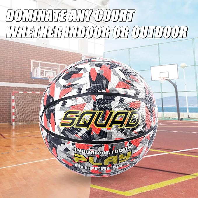 SQUAD Colored Camo Outdoor Basketball - High-Performance Rubber Basketball, Official Regulation Size 7 (29.5''), Includes Pump and Mesh Bag