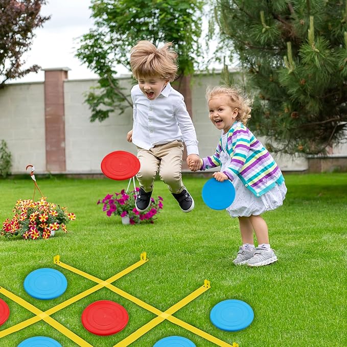 Giant Tic Tac Toe Outdoor Game, 4 Ft X 4 Ft Large Tic Tac Toe Strap Game Outdoor with 10PCS Soft Flying Disc for Kids and Adults to Play Outdoors, Beach, and Park