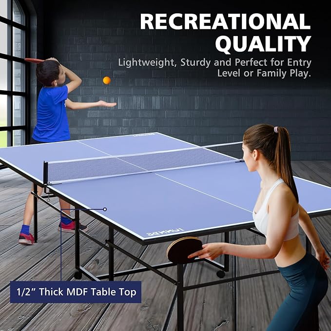 9”×5”MDF Indoor Table Tennis Table with Quick Clamp Ping Pong Net with Two Rackets and Three Balls，Foldable Single-Player Game