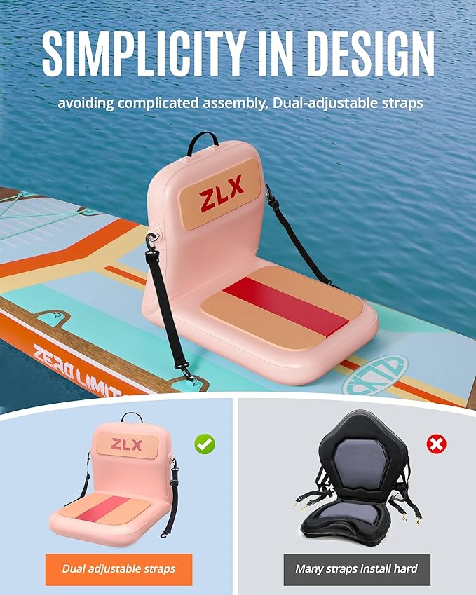 ZLX Paddle Board Seat with Back Support, Portable Kayak Seat, Air Pump Included, Universal Inflatable Seat for Adults, Foldable Ergonomic Design, Easy Fix for Outdoor Fishing/Kayaking/Camping