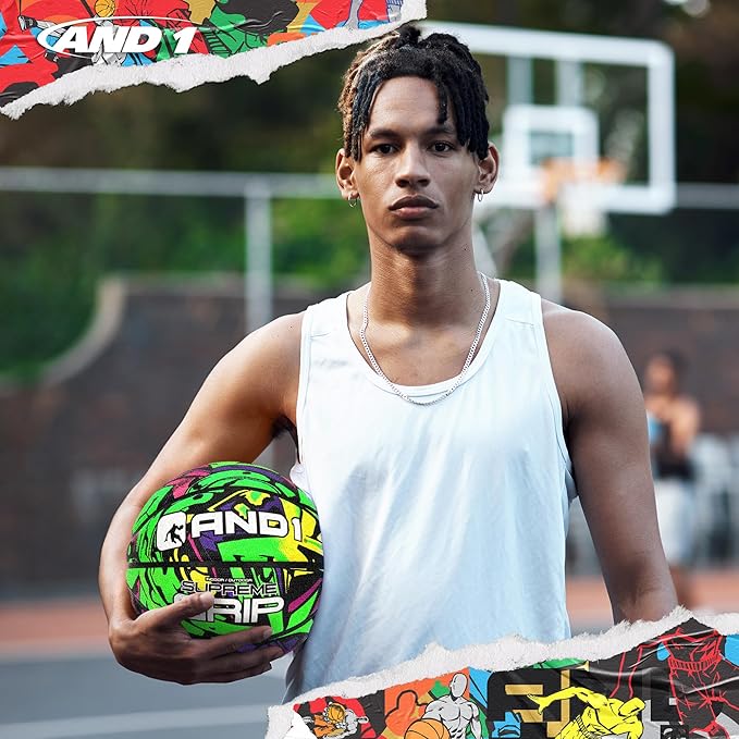 AND1 Supreme Grip Rubber Basketball: Official Regulation Size 7 (29.5 inches) - Deep Channel Construction Streetball, Made for Indoor Outdoor Basketball Games