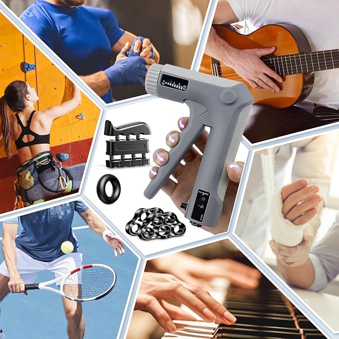 Hand Grip Strength Trainer Kit - Hand Gripper Training Set with Adjustable Resistance 2 Finger Stretchers Extenders Finger Exerciser Forearm Workout Ring Exercise Equipment Accessories Gray