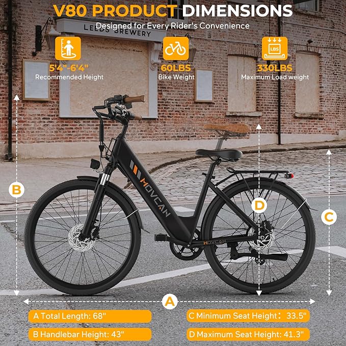 V80 Electric Bike, 1000W Motor 28MPH Ebike, 48V 13Ah Removeable Battery, 26'' City Cruiser Adult Electric Bicycles up to 70 Miles
