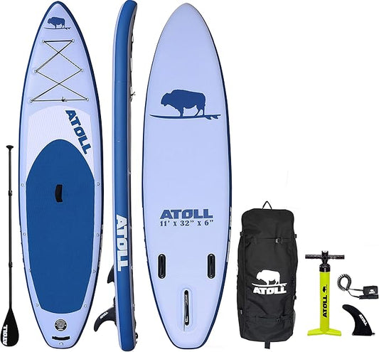 Atoll Inflatable Stand Up Paddle Board ISUP, Bravo Hand Pump and 3 Piece Paddle, Travel Backpack and Accessories New Leash Included Two Sizes - 11ft and 9ft