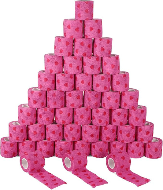 48 Pack Self Adhesive Bandage Wrap, 2” x 5 Yards Cohesive Medical Tape Elastic Grip Tape Black Sports Tape Athletic for Ankle, Wrist Sprains, Pet First Aid (Pink-Heart)