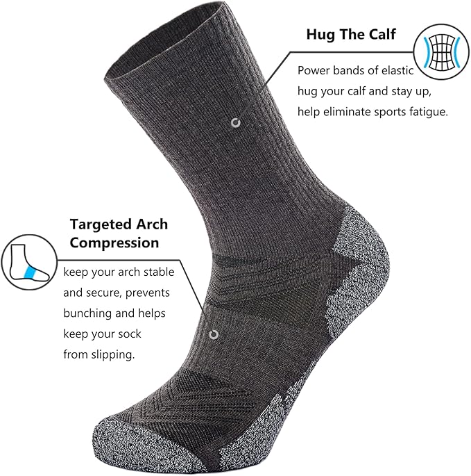 CWVLC Crew Hiking Socks, Cushion, Moisture Wicking, Arch Compression Boot Socks