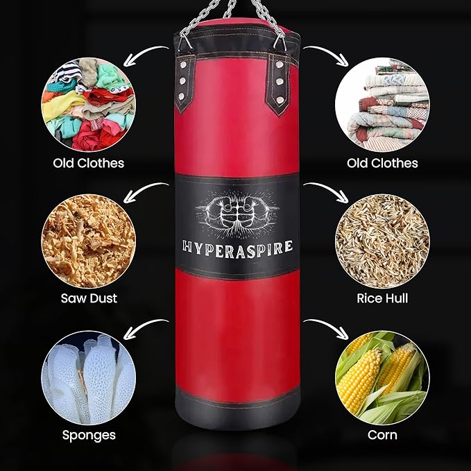 Punching Bag for Adults, 120cm PU Leather Boxing Bag with Foam Lining, Bag with Chain Ceiling Hook, Hand Wraps, and & Hand Wraps etc, Set for MMA Kickboxing Boxing Karate Home Gym Training (Unfilled)