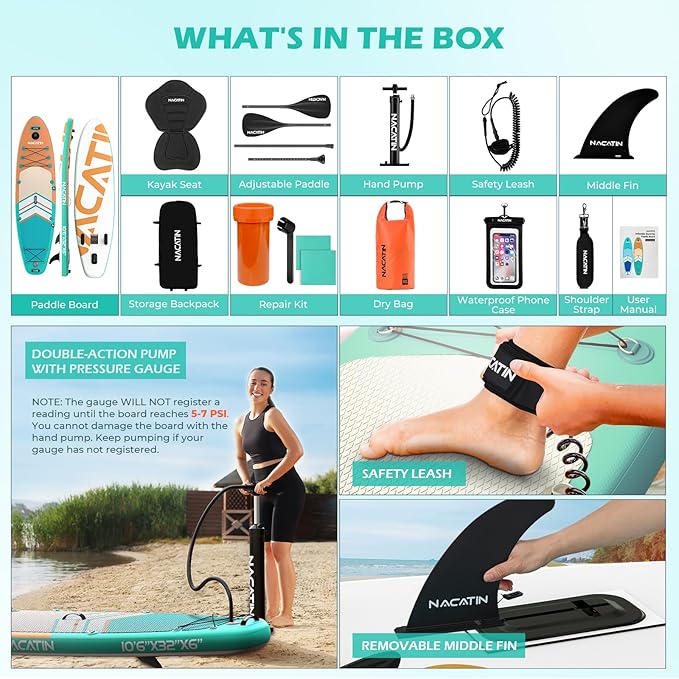 NACATIN Inflatable Stand Up Paddle Board with Kayak Seat,10'6"Upgrade Version Blow Up Paddle Boards for Adults with Premium SUP Accessories&Backpack,Adjustable Paddle,Camera Mount,Fins,Hand Pump