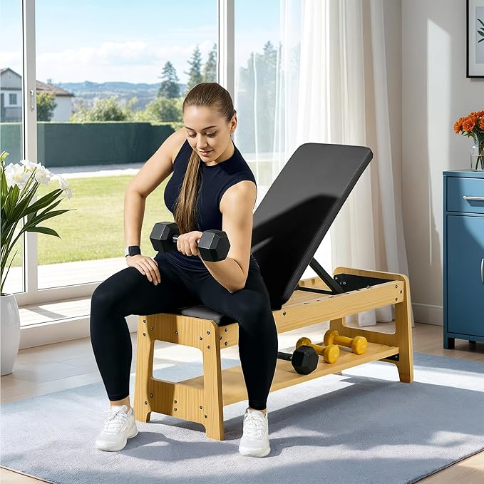 Soozier Adjustable Weight Bench with Dumbbell Rack, Wooden Workout Bench, Flat or Incline Bench for Home Gym Weight Lifting Training