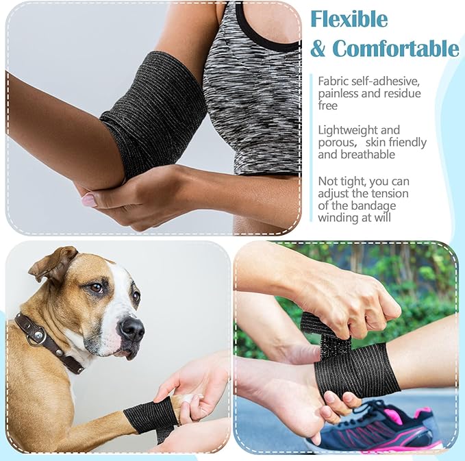 Treela 48 Pack Self Adhesive Wrap Bandage Bulk, Self Adherent Cohesive Bandage Elastic Athletic Tape Breathable Wound Tape for Stretch Athletic Sports Wrist Ankle (Black,1 Inch X 5 Yards)