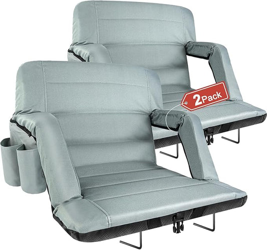 Stadium Seats with Back Support 2 Pack Wide, Exclusive Bleacher Chairs with Back and Cushion Folding Stadium Chairs, 6 Reclining Positions Waterproof Bleacher Seats (Wide|22.5" Grey)