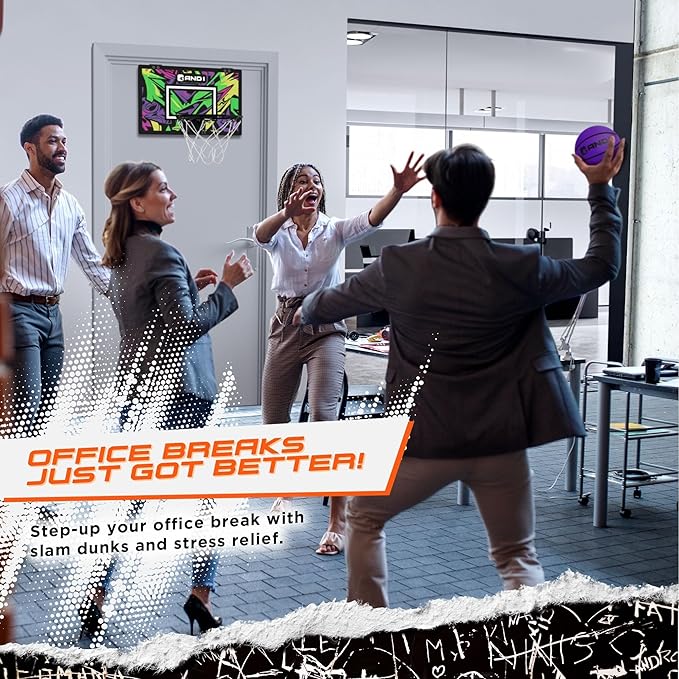 AND1 Over the Door Mini Basketball Hoop: 18x12 Shatterproof Backboard, 2 Mini Basketballs, and Hand Pump Included- Ultimate Indoor Basketball Accessory for Kids and Adults, No Tools Required