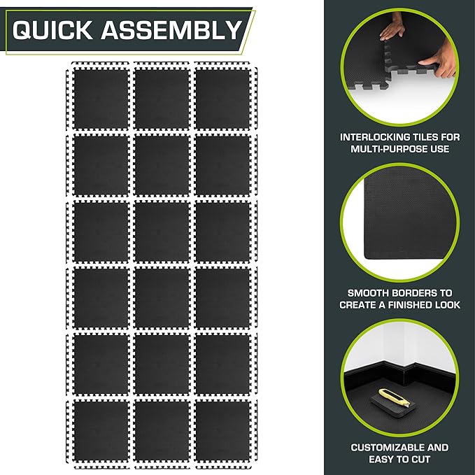 ProsourceFit Extra Thick Puzzle Exercise Mat 1", EVA Foam Interlocking Tiles for Protective, Cushioned Workout Flooring for Home and Gym Equipment, Black 3-Pack