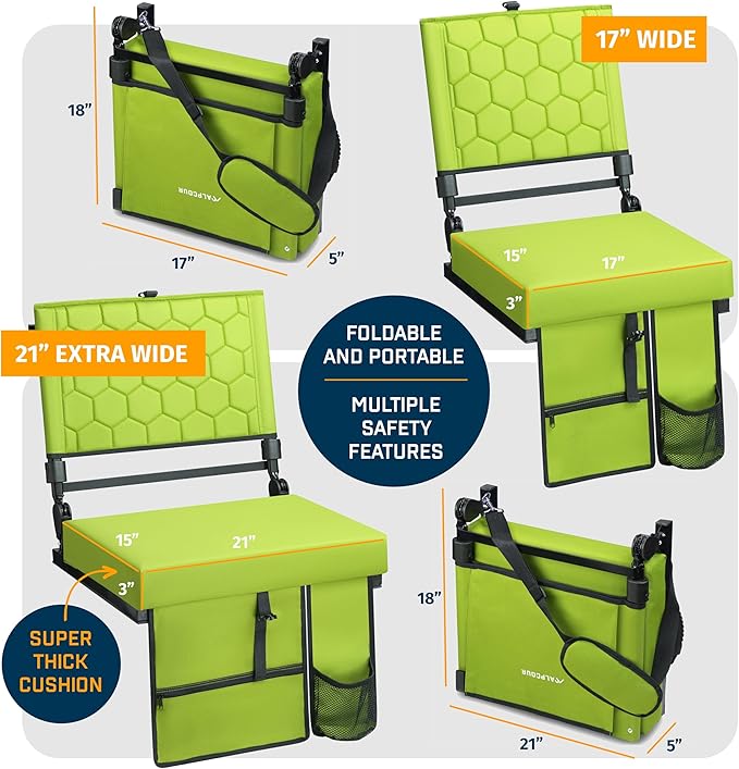Extra Wide Folding Reclining Stadium Seat with Back Suppot for Bleachers, Bleacher Hooks, Thick Cushion, Cup Holder, Storage Pockets – Portable Chair for Kayak, Canoe, Paddle Board, Concerts, & Sports