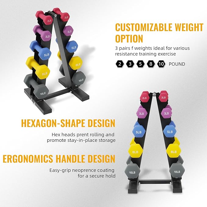 Neoprene Coated Dumbbell Set with Rack, Free Hand Weight Set For Home Gym Workout, Anti-Slip, Anti-roll, 20LBS, 32LBS, 50LBS and 56LBS Sets, Multiple Weight Options