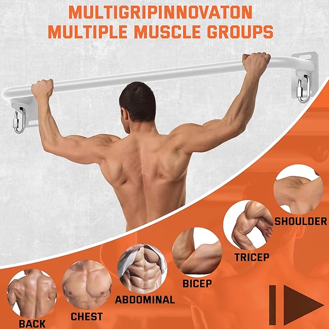 36" Heavy Duty Pull Up Bar Wall/Joist Mounted, 600 LB Capacity, Multi-Grip Bar for Garage & basement rafter Use - All-in-One Workout Station with Carabiners & Space-Saving Design