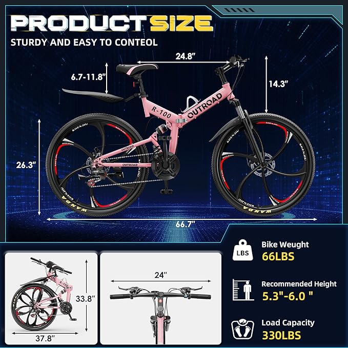 26 Inch Folding Mountain Bike with High Carbon Steel, 21 Speed City Bike with Dual Suspension, Folding Bicycle for Adults Men and Women