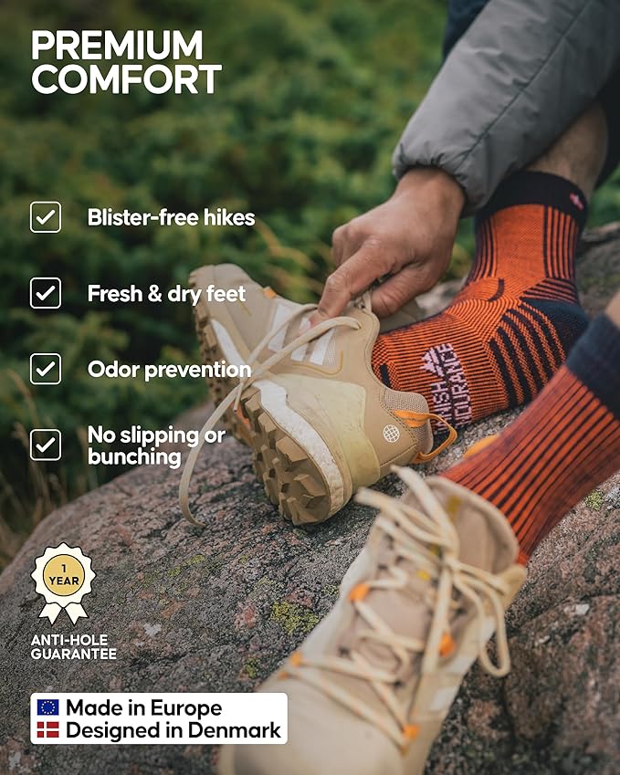DANISH ENDURANCE Light Hiking Socks, Merino Wool Socks, Anti Blister, Sweat Wicking, Breathable, Men & Women, 3 or 5-Pack