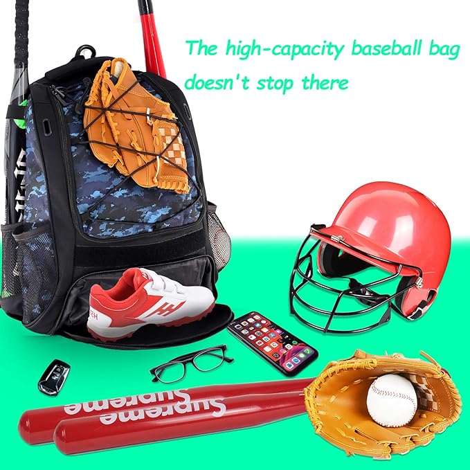 WOLT Youth Baseball Bag - Bat Backpack for Baseball, T-Ball & Softball Equipment & Gear, Bat & Glove Holder, Large Main Compartment for Helmet & accessories, Separate Shoes Compartment, Fence Hook