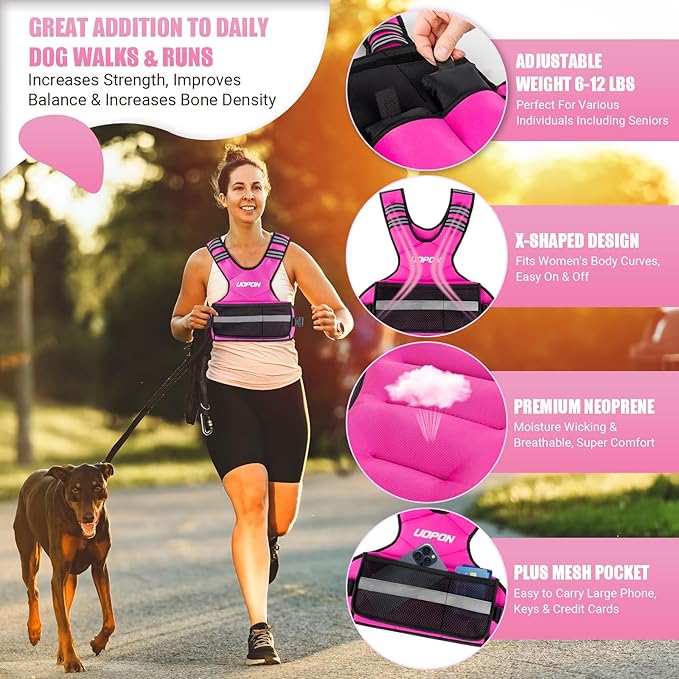 Adjustable Weighted Vest for Women, 6-12 Lbs Rucking Vest with 6 Ironsand Weights, Great Weighted Vest with Plus Pockets & Reflective Strips for Running, Walking, Workout and Strength Training