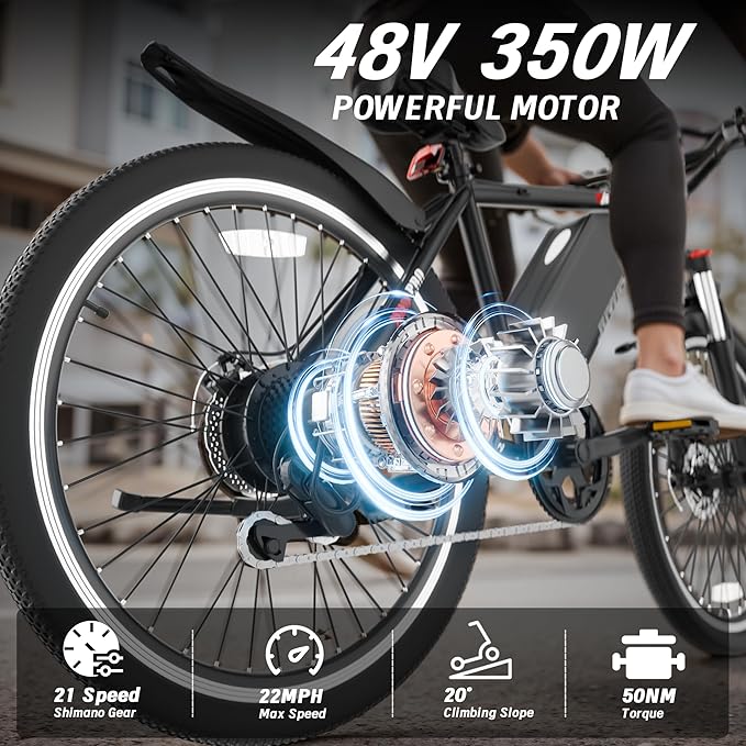 Electric Bike for Adults, 26'' Ebike, Up to 20-60 Miles 22MPH Electric Mountain Bike with 48V Removable Battery, Adjustable Stem, Fenders, Lockable Suspension Fork