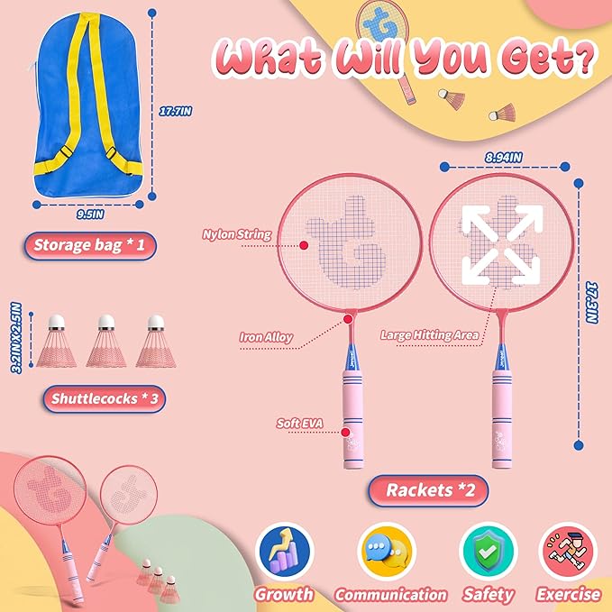 JOY SPOT! Kids Badminton Rackets Set with Soft Grip, Oversize & Lightweight Shuttlecocks Racquet with Carry Bag for Children Youth, 2 Player Sport Game for Indoor Outdoor Backyard