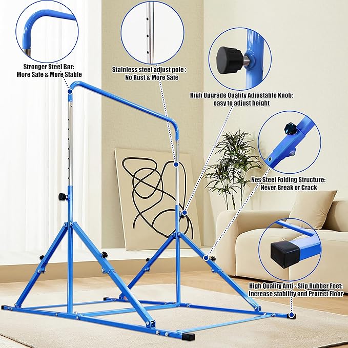MARFULA Foldable Gymnastic Bar for Kids Ages 3-12, 9 Height Levels, 200 lbs Weight Capacity, 5 Ft Length Gymnastic Kip Bar with Mat, Gymnastic Equipment for Home and Gym Center Indoor Outdoor Use
