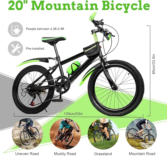 20 Inch Child City Bike, 7 Speeds Adjustable Height High Carbon Steel Kids Mountain Bike, Double Disc Brake Bicycle, Green