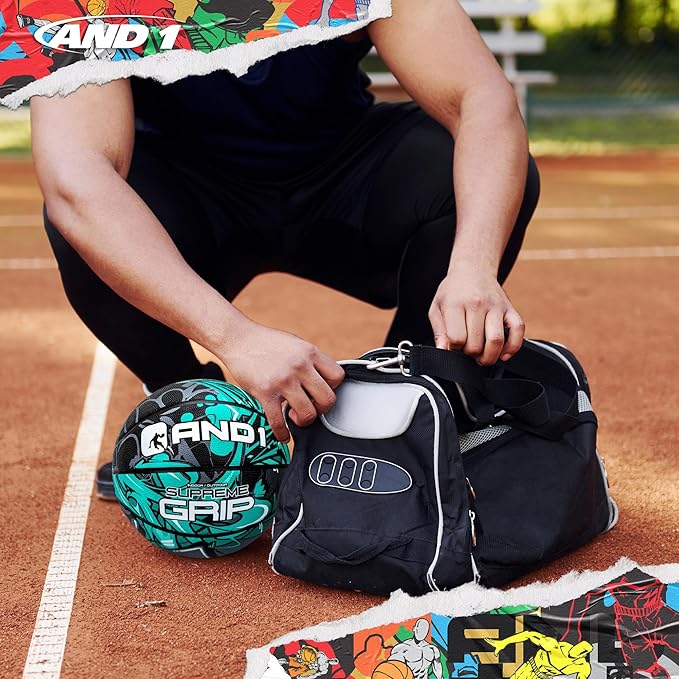 AND1 Supreme Grip Official Regulation Size 7 (29.5 inches) Rubber Basketball - Deep Channel Construction Streetball, Made for Indoor Outdoor Games