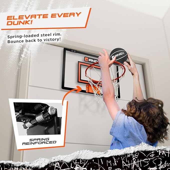 AND1 Over the Door Mini Basketball Hoop: 18x12 Shatterproof Backboard, 2 Mini Basketballs, and Hand Pump Included- Ultimate Indoor Basketball Accessory for Kids and Adults, No Tools Required