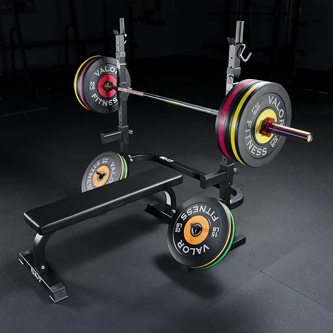 Valor Fitness Adjustable Power Squat Rack with J-Hooks, Locking Safety Catches, and Plate Storage – Home Gym Bench Press Station – Max Weight 475 lbs