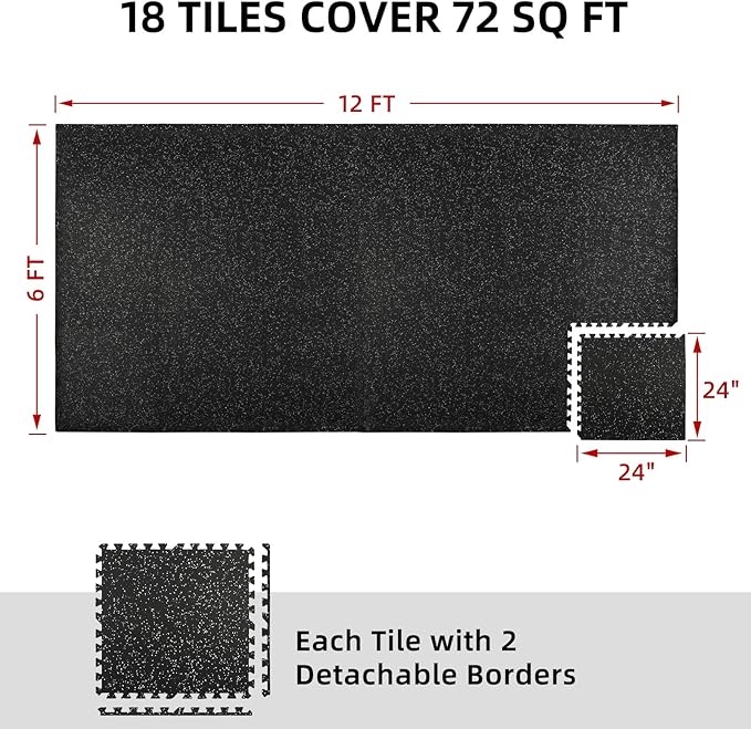 0.79in Extra-Thick 72 Sq Ft Exercise Equipment Mats, 18 Tiles Rubber Top EVA Foam Workout Mats, Interlocking Gym Flooring for Home Gym, 24 x 24in, Black & White