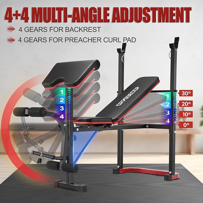 OPPSDECOR Adjustable Weight Bench Set with Leg Developer & Preacher Curl Pad, Full Body Workout Bench Press Set with Squat Rack for Home Gym Fitness, Standard Strength Training Bench