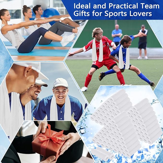 Hosuly 150 Pack Cooling Towels Bulk 40 x 12 Inch Large Chilly Breathable Sweat Sports Cold Towels Sublimation Microfiber Ice Neck Rags for Hot Weather Workout Baseball Softball Gym Team Gift(White)