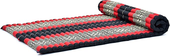 Leewadee - Kapok Roll Mat – Handcrafted Folding Sleep & Relaxation Mattress from Thailand, Ideal as Guest Bed, Camping Mat, Yoga Mat or Traditional Futon, 75 x 39 inches, Black Red