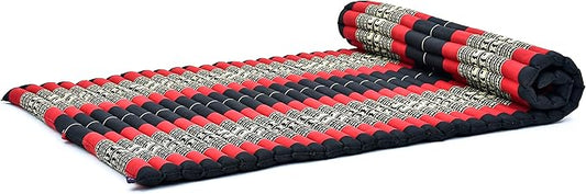Leewadee - Kapok Roll Mat – Handcrafted Folding Sleep & Relaxation Mattress from Thailand, Ideal as Guest Bed, Camping Mat, Yoga Mat or Traditional Futon, 75 x 39 inches, Black Red