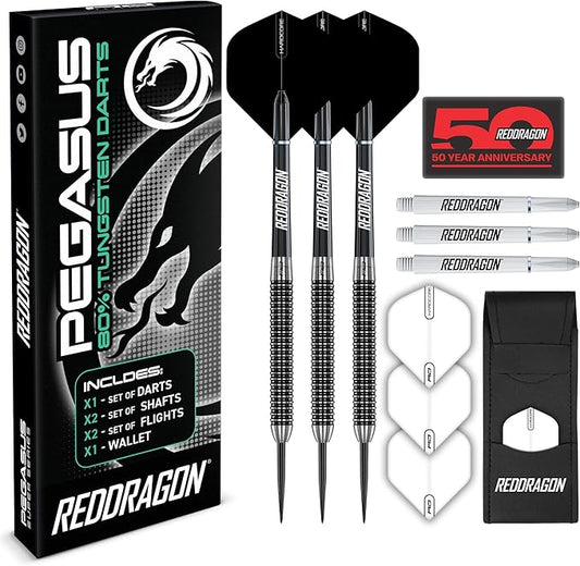 RED DRAGON Pegasus Professional Tungsten Steeltip Darts Set Available in 21, 23, 24, 25, 26, 28, 30 Gram with Flights, Stems (Shafts) and Wallet