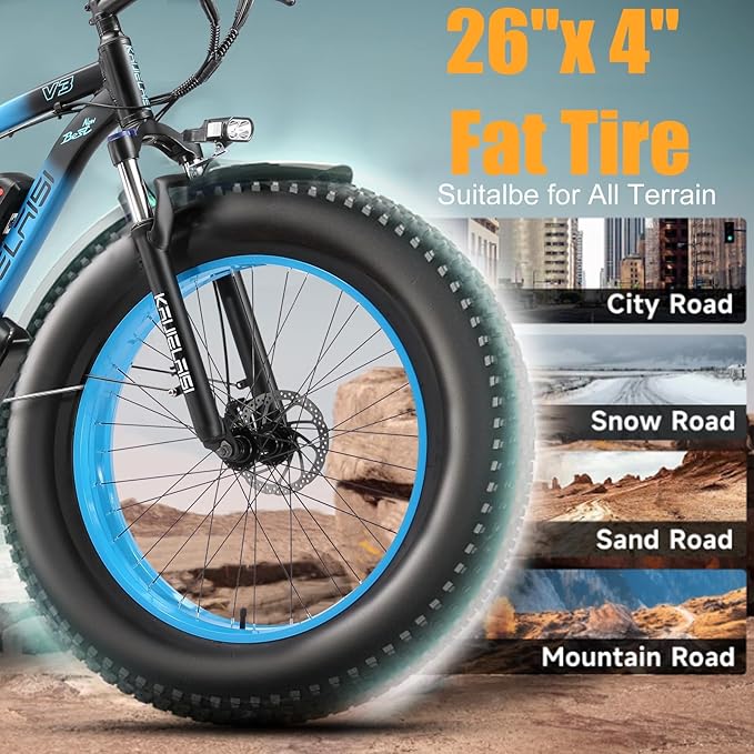 Electric Bike for Adults，26" x 4" Fat Tire Ebike，28MPH 1000W Motor Peak Power 2000W Electric Bicycles，48V 15AH Removable Battery，21 Speed Mountain Snow Beach E Bike