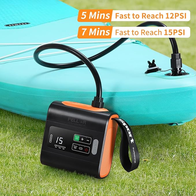 PELLOR Electric Paddle Board Pump, 22PSI High Pressure SUP Electric Air Pump,Intelligent Dual Stage Inflation & Deflation, Auto-Off Air Pump for Stand Up Paddle Boards, Kayaks,Mattress,Tents