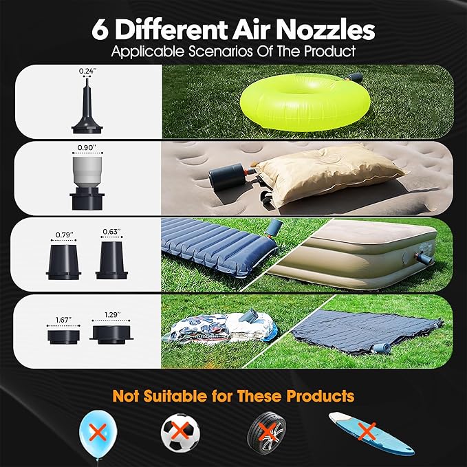 Air Mattress Pump, 6kPa GIGA Pump for Air Mattress 1500 * 4 mAh Electric Air Pump, Quick Fill in/Deflator Air Pump for inflatables Pool Inflatable Boat Gymnastics Mat Air Bed with 6 Nozzles