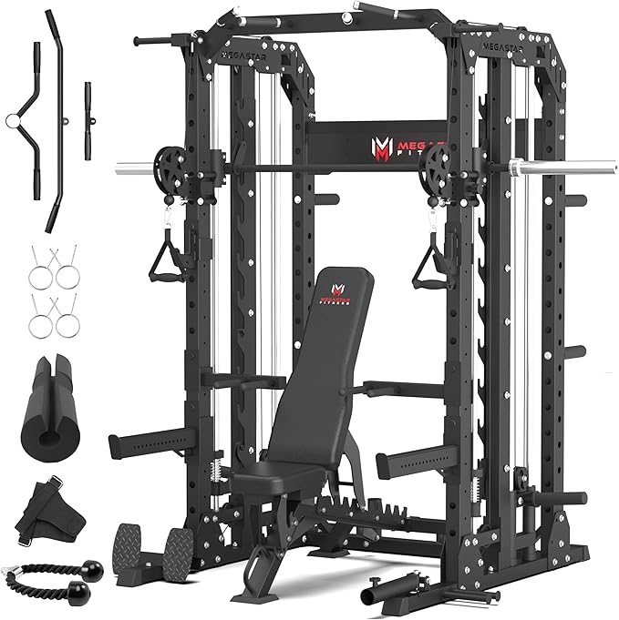 Smith Machine Home Gym with Aluminum Pulley Set- 2000lbs Capacity All-in-One Power Rack with Cable Crossover, Pull-Up Bar & Dip Station, Includes 18 Attachments, P107 Anvil