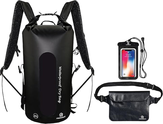 Freegrace Waterproof Dry Bags Set of 3 - Dry Bag with 2 Zip Lock Seals, Waist Pouch & Phone Case - Can Be Submerged Into Water for Swimming, Kayak, Rafting & Boating (Window, Black, 35L)