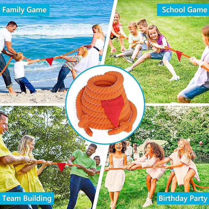 X XBEN Tug of War Rope with Flag for Kids 60FT, Teens and Adults, Soft Cotton Rope Games for Team Building Activities, Family Reunion, Birthday Party Orange