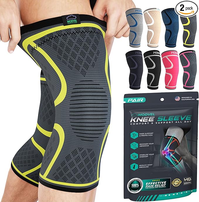 Modvel 2 Pack Knee Brace for Women & Men - Workout Knees Compression Sleeve for Knee Pain Relief Joint Support for ACL, Arthritis, Meniscus Tear Knees Brace for Sports, Rodilleras para Gym Fitness