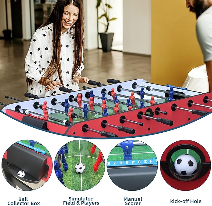Foosball Table, 52.75'' Home Arcade Table Soccer with 4 Balls and Manual Scorer, Competition Foosball Table Set for Family Game Room, Adult Rrec Room, Basements or Bar